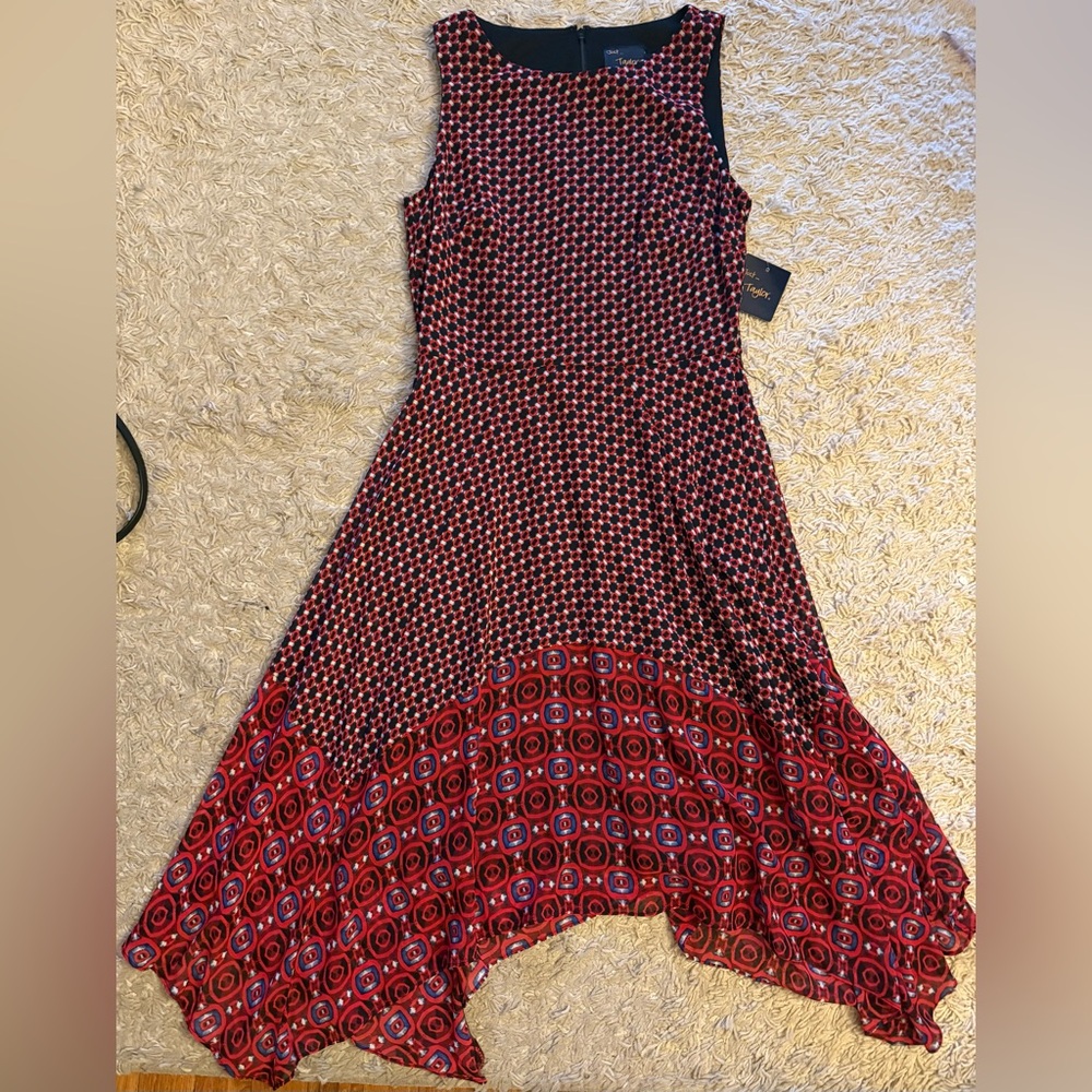 Just Taylor red blue Sleeveless Fit & Flare Handkerchief Hem midi Dress 6  NWT